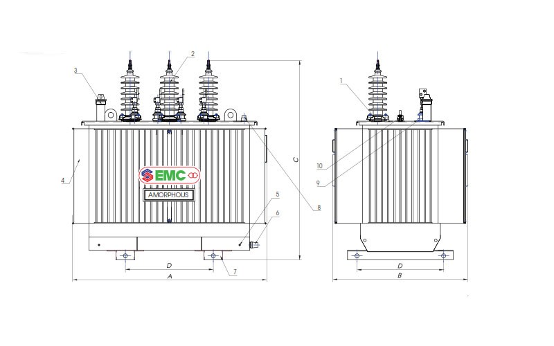 Drawing of 3 phase tole Amorphous oil transformer