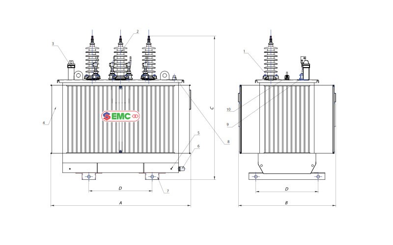 Bản vẽ máy biến áp dầu 3 pha tole silic