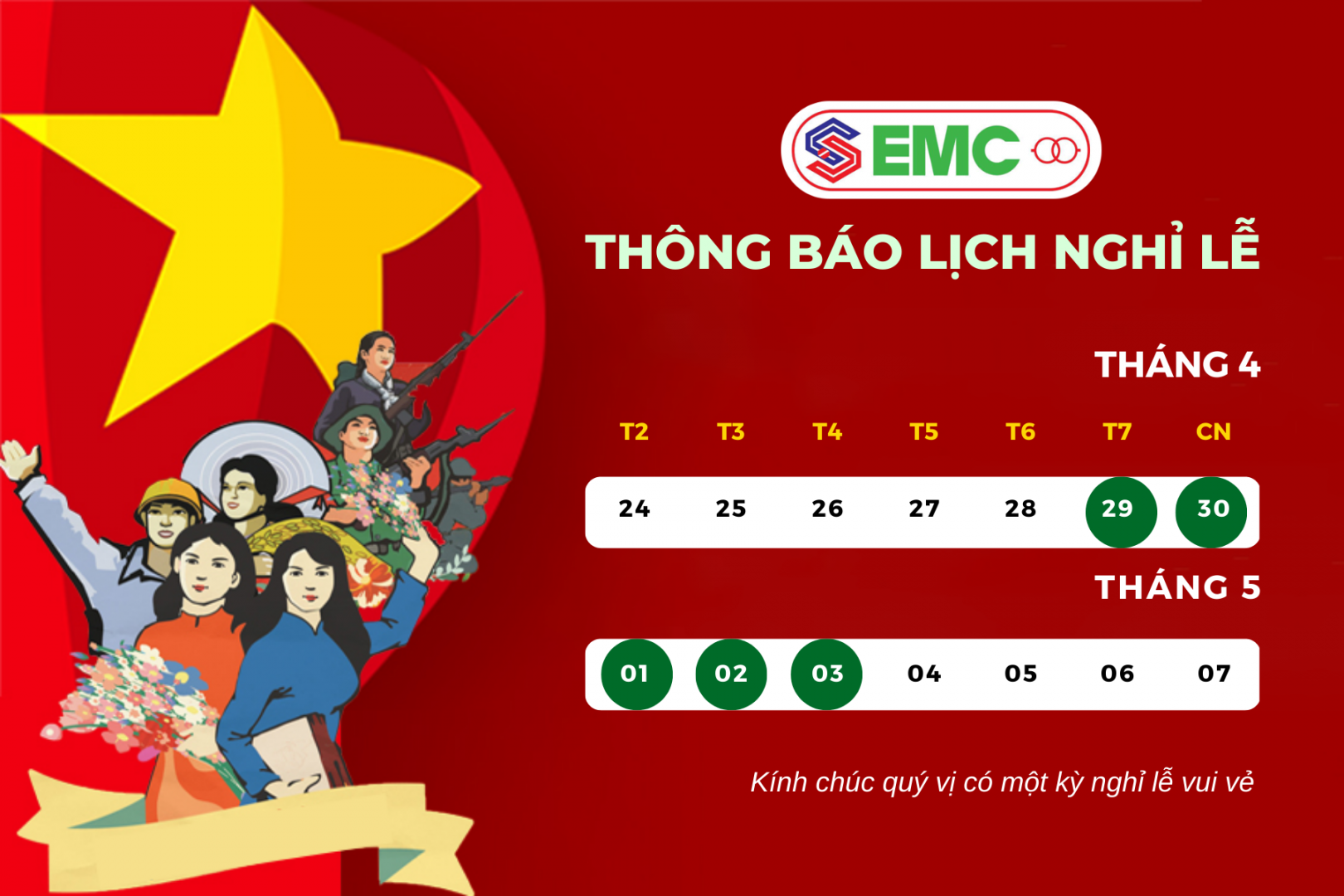 EMC thông báo nghỉ lễ Giỗ tổ Hùng Vương, 30/4 và 01/5 năm 2023